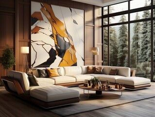 Dark beige and yellow modern living area with a white sitting area and wood panels generative ai