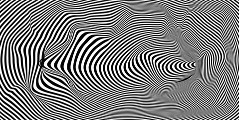 Geometric abstract hypnotic wormhole tunnel. Optical Illusion background. Black and white pattern, spherical volume