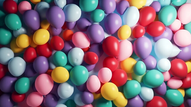 Many colorful balloons decorated wall as background © alexkich