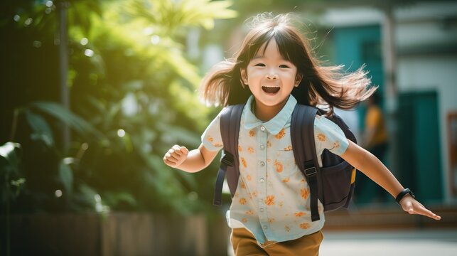 Back to school. Cute asian child girl with backpack run to school