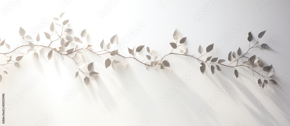 Poster white background with abstract silhouette shadow of tree branch and leaf in morning sunlight space f