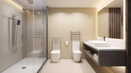 3D-rendered residential bathroom and toilet design, characterized by its clean, modern aesthetics and furnished with a washstand, toilet, and shower equipment.