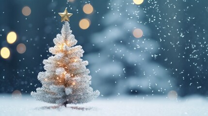 Fototapeta na wymiar Blurred christmas tree in snow, christmas background
