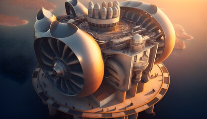 Fantasy hyper realistic 8k wide angle ariel view of a futuristic super modern nautilus shaped clean power plant without smokestacks at sunset 