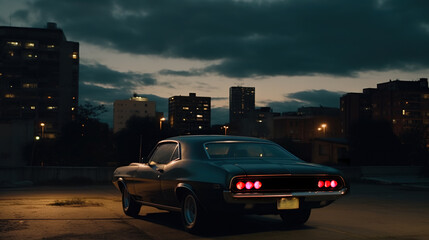 Vintage muscle car parked on the street at night. 80s styled synthwave retro scene with powerful drive in evening. - obrazy, fototapety, plakaty