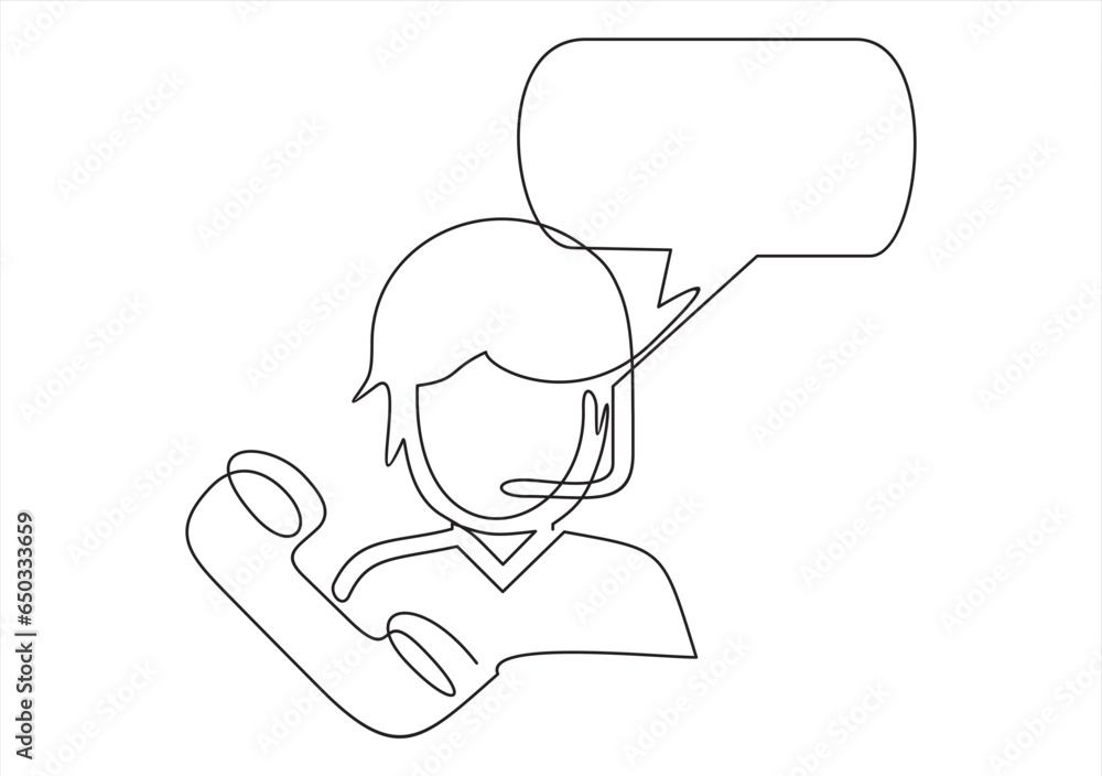 Poster how can i help you? call center workers in headphones are working- one line continuous drawing.