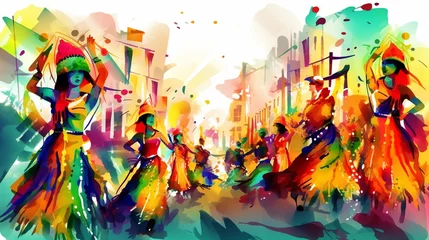 Abwaschbare Fototapete Karneval Carnival banner with funny character in fancy dress on stilts. illustration