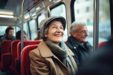 Tuinposter Smiling mature senior woman riding the bus in Vienna © Jasmina