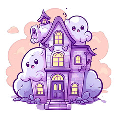 Kawaii haunted house, pastel colors. Isolated