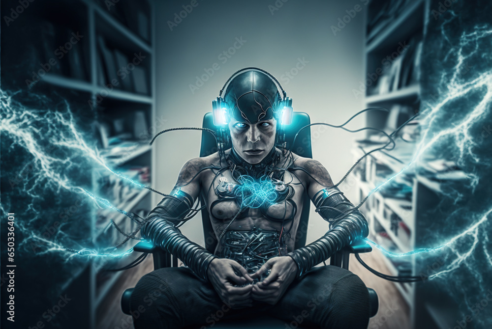 Poster Digital era man meditating in neon wires, with consciousness connected to the world via technological structure.