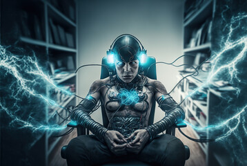 Digital era man meditating in neon wires, with consciousness connected to the world via technological structure.
