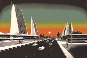 Retrofuturistic landscape in 80s sci-fi style. Retro science fiction scene with futuristic buildings.