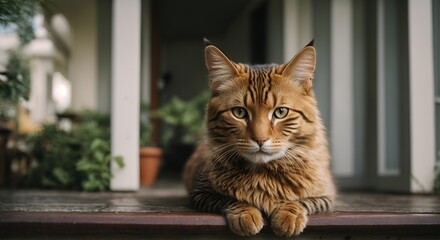 A curious house cat peering out from the safety of a porch