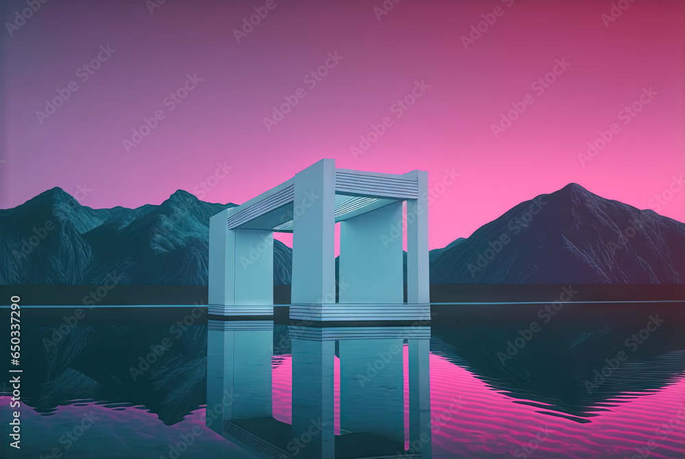 Poster vaporwave landscape with abstract building with pillars. 80s styled pink and blue minimalistic archi