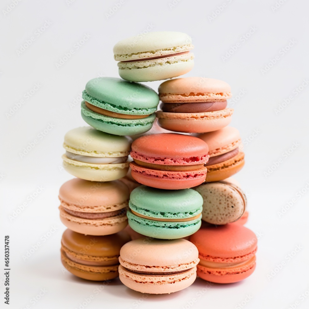 Poster a stack of macaroons sitting on top of each other. generative ai
