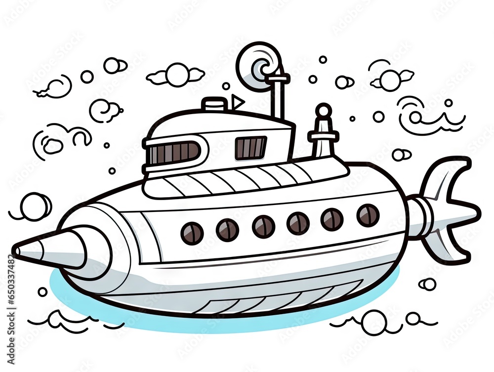 Poster a drawing of a submarine floating in the water with bubbles. generative ai