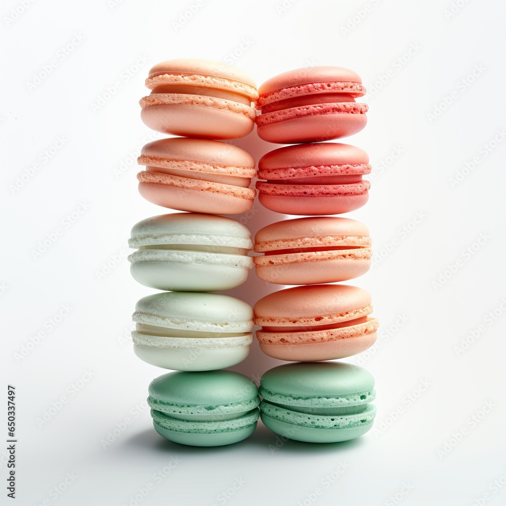 Poster a stack of macaroons sitting on top of each other. generative ai