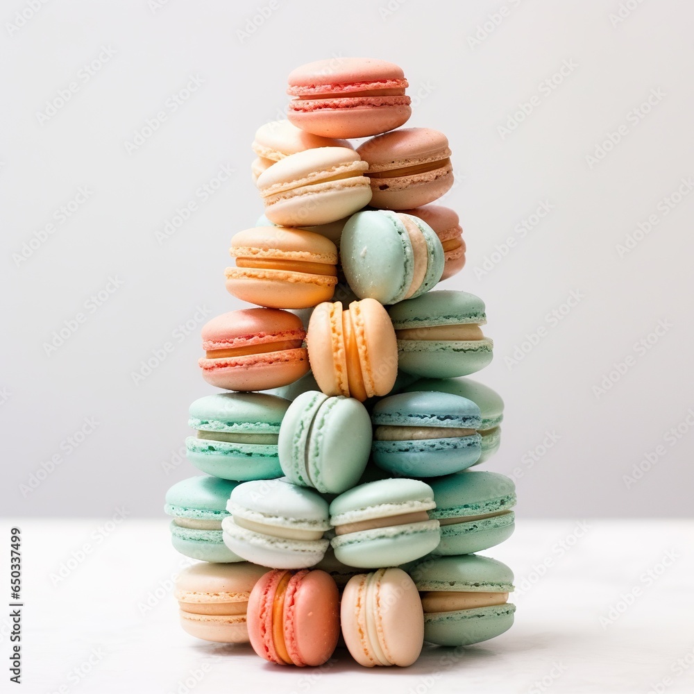Poster a stack of macaroons sitting on top of each other. generative ai