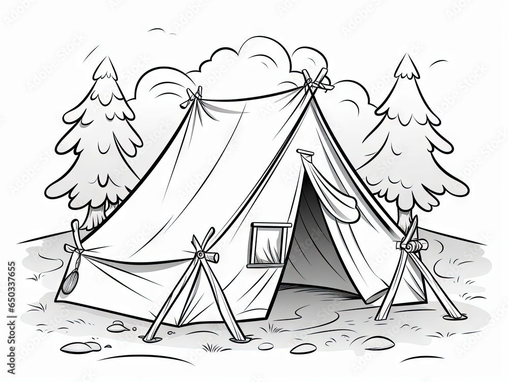 Poster a drawing of a tent in the woods with trees around it. generative ai