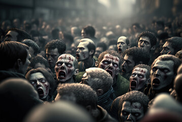 Zombies with scary faces in the crowd during the zombie apocalypse. Horror theme for Halloween or game party ad. - obrazy, fototapety, plakaty