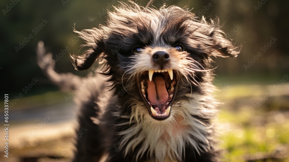 Poster a dog with its mouth open and it's mouth wide open. generative ai