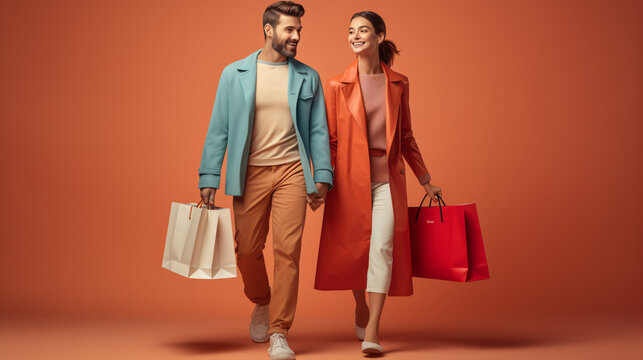 Against a pastel backdrop, a full-body portrait captures two idyllic people holding hands while carrying shopping bags from a mall trip..