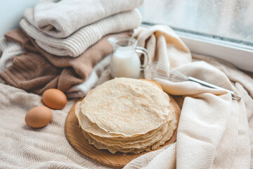 Stack of homemade pancakes, good morning concept