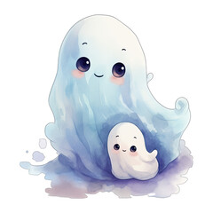 Watercolor cute kawaii blue ghost, isolated on transparent background