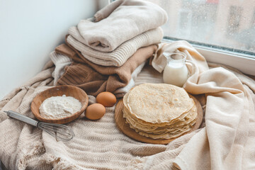Stack of homemade pancakes, good morning concept