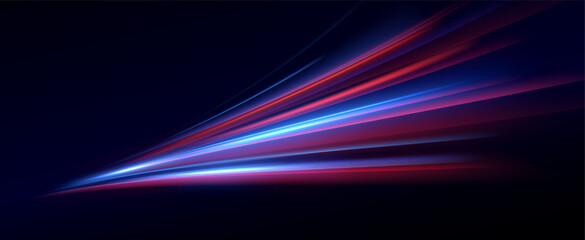  Neon red and blue speed lines. Speed ​​of acceleration and movement. Light trails, motion blur effect. Night illumination in blue and red.