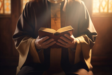 Culture and religion concept. Close-up view of praying priest hands with bible and illuminated sunlight beams. Generative AI