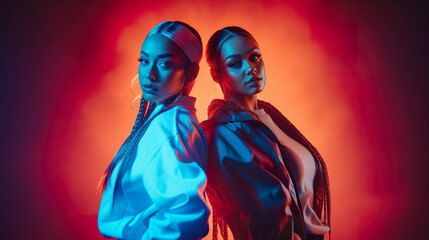 two girls hip hop dancers at colorful background, studio shot, modern gen z youth