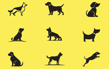 set of silhouettes of dogs, silhouette, animal, vector, dog, cat, pet, illustration, animals, horse, black, set, icon, collection, design, kitten, mammal, nature, wild, tiger, domestic, running