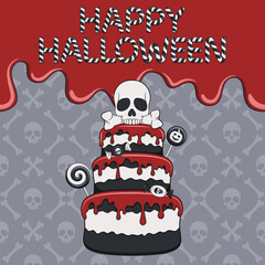 Happy Halloween card with cake, skull, candy. Color vector illustration.