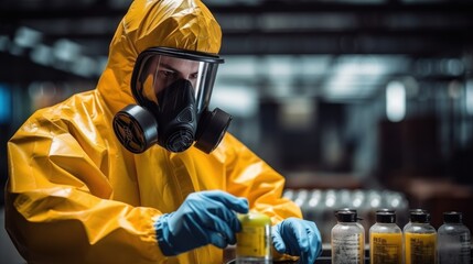 Professional chemical workers in protective suits and gas masks handle hazardous materials inside a chemical manufacturing plant.