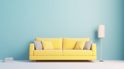Bright yellow couch near color wall. 