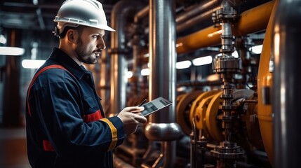 Worker supervisor in district heating plant doing quality control and inspection of pipes and valves. - obrazy, fototapety, plakaty