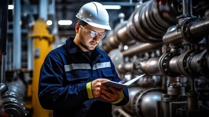 Worker supervisor in district heating plant doing quality control and inspection of pipes and valves. - obrazy, fototapety, plakaty