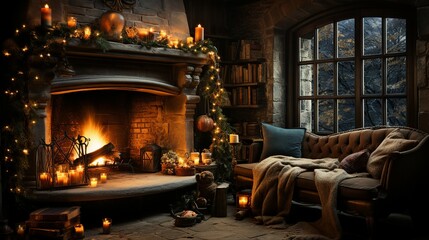 Cozy Fireplace with Crackling Flames for Holiday Ambiance - Painting