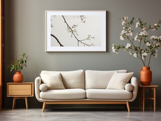 Warm and Cozy spring living room interior with mock-up poster frame generative ai