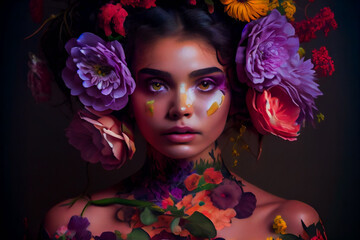Beautiful flower queen.  Girl flower Fantasy.  Young women with a  flowers.  Generative AI.