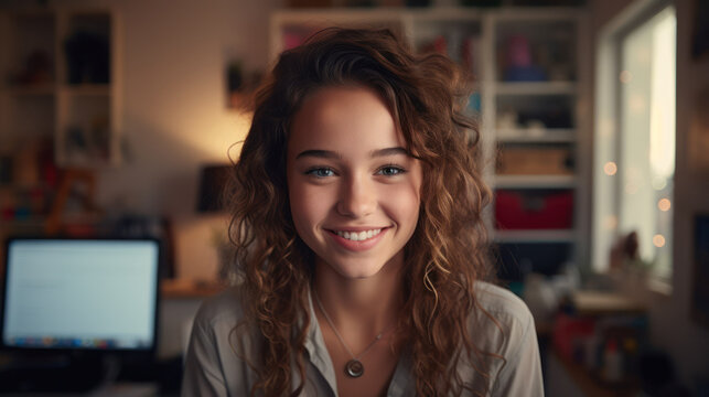 Teen In Front Of Webcam Participating In An Online Video Conference Call Meeting From Home