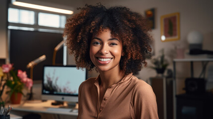 Woman in front of webcam participating in an online video conference call meeting from home office