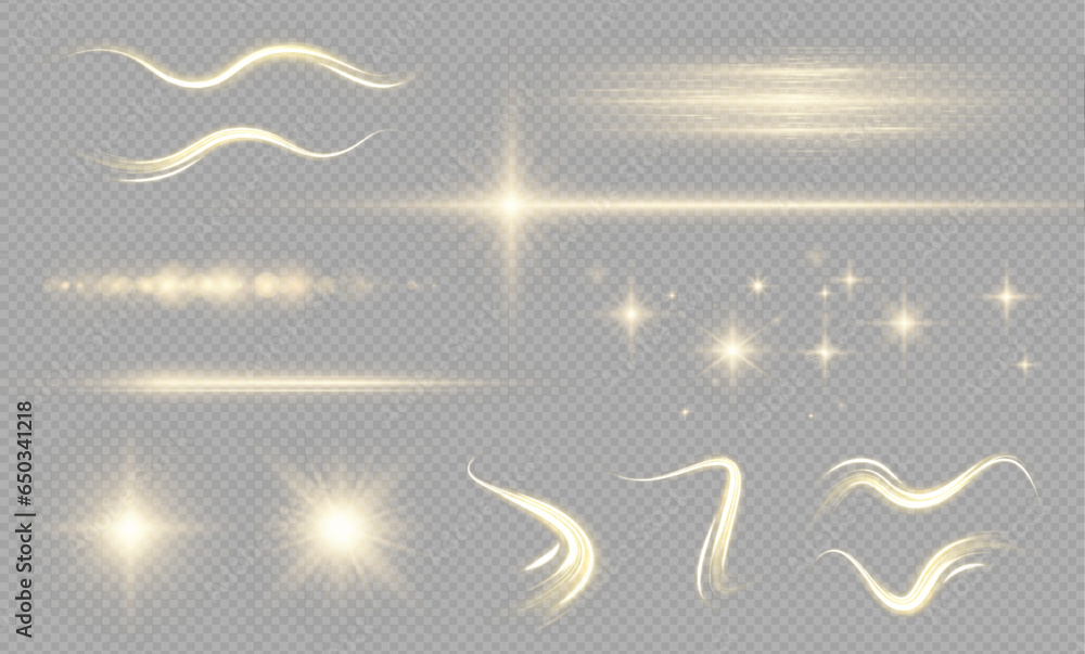 Poster collection of highlights, stars and rays of light with luminous swirling and spiraling particles on 