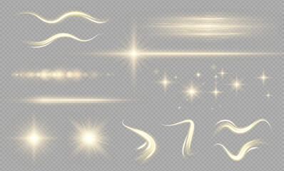 Collection of highlights, stars and rays of light with luminous swirling and spiraling particles on a transparent background. Flying star effect. - obrazy, fototapety, plakaty