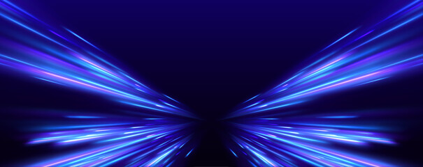 City light trails motion background. Light arc in neon colors, in the form of a turn and a zigzag. Illustration of high speed concept. 
