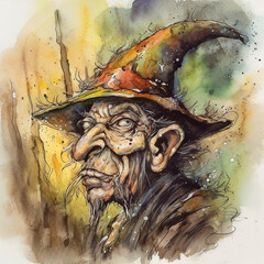 Spirit goblin wizard sorcerer of a fairy forest, old man with a big nose and ears, mystical creature, unusual face, portrait, watercolor style
