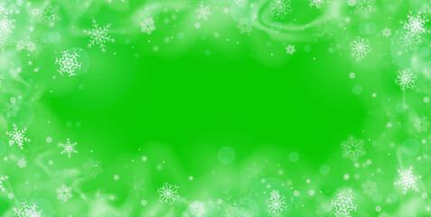 Snowflakes falling christmas decoration isolated green background, chromakey. White falling snowflakes, abstract landscape. Cold weather effect. 