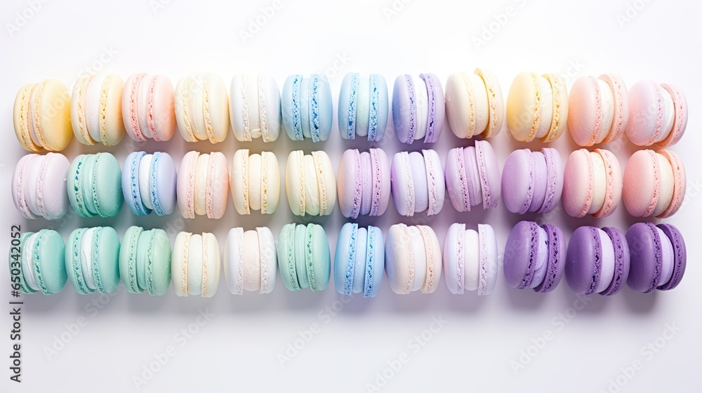 Poster macaroons are arranged in a row on a white surface. generative ai