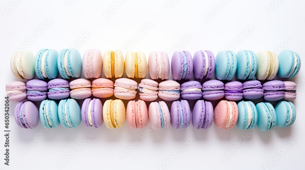 Poster a group of macaroons sitting on top of each other. generative ai